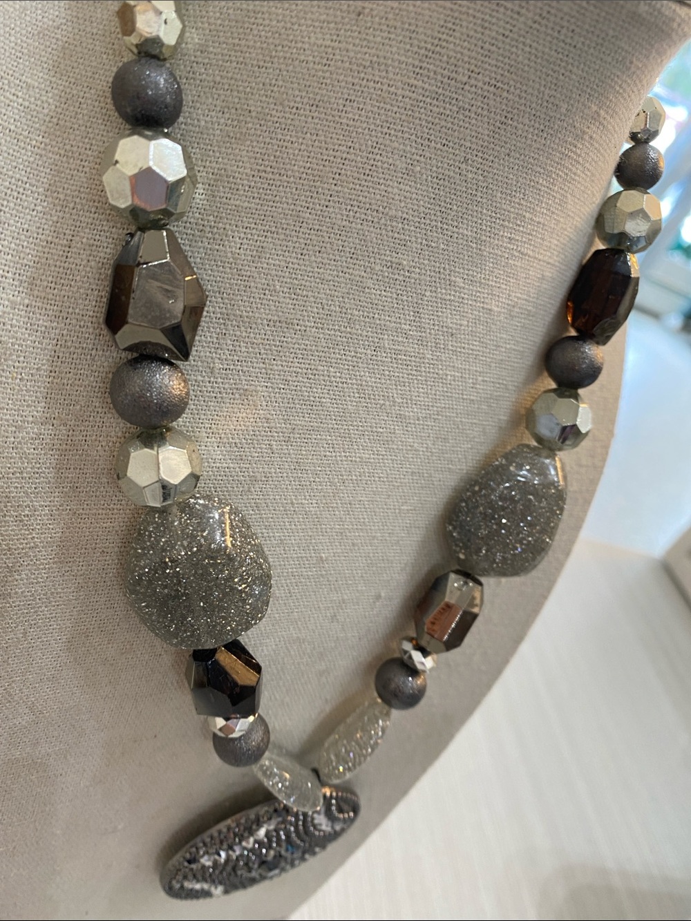 Beaded Gray Statement Necklace with Embellished Pendant - Picture 3 of 5